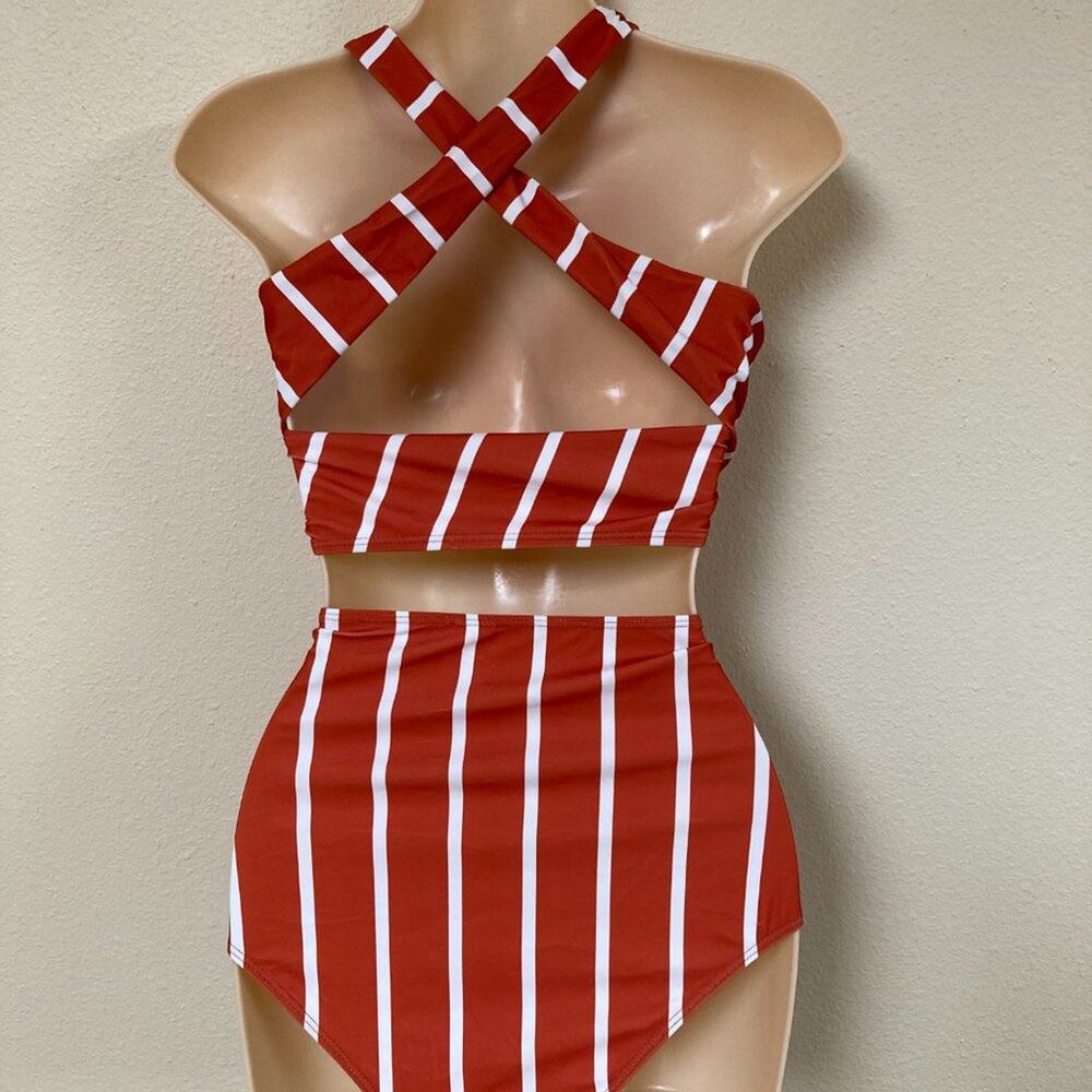 Two Piece Swim Bathing Suit Size Large Rust & Milk Color Stripe NWOT - Picture 3 of 6